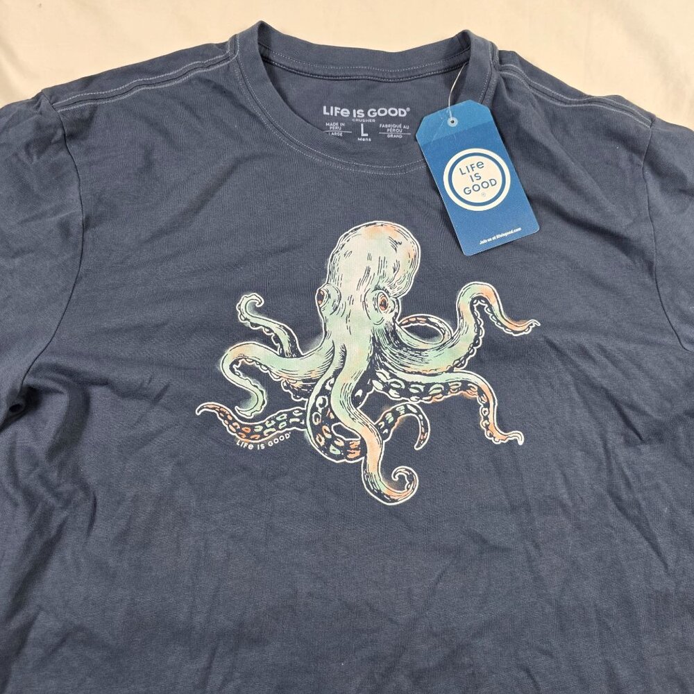 Life Is Good Octopus Mens Large Blue T Shirt Graphic Short Sleeve Crewneck - Picture 5 of 11